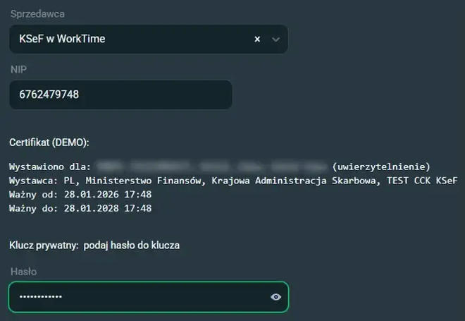WorkTime Expert - certyfikat KSeF typu uwierzytelnienie